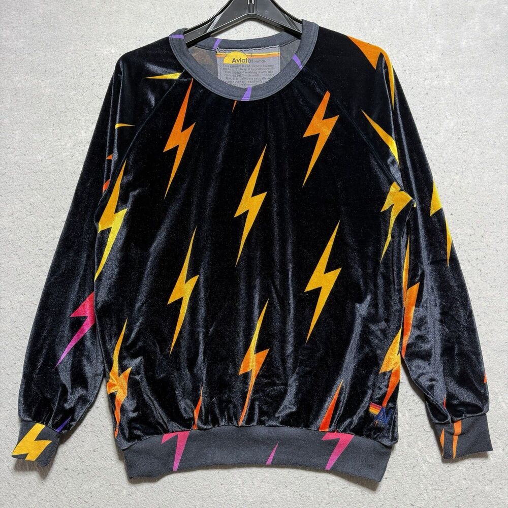 Aviator Nation Velour Bolt AOP Black Crewneck Pullover Sweatshirt Women's Large